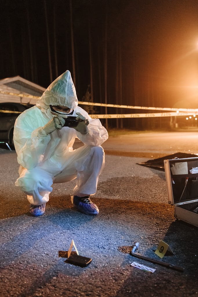 Investigator in protective gear photographing evidence at a night crime scene.