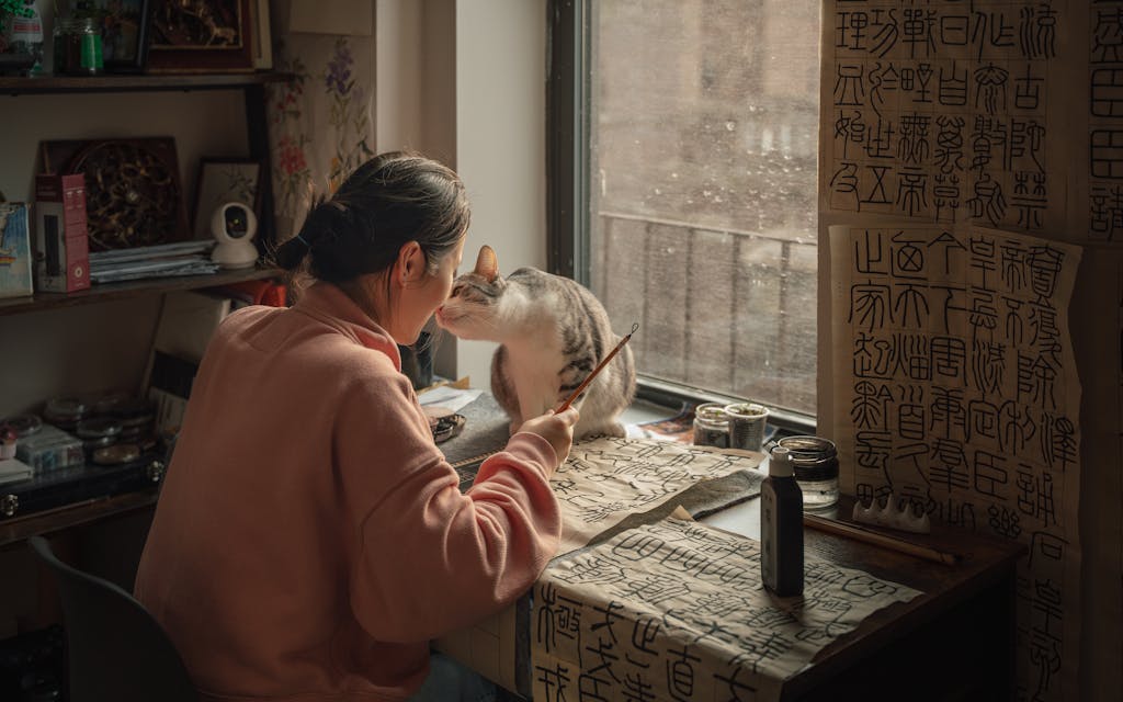 Woman practicing calligraphy with her cat in a warm New York apartment.